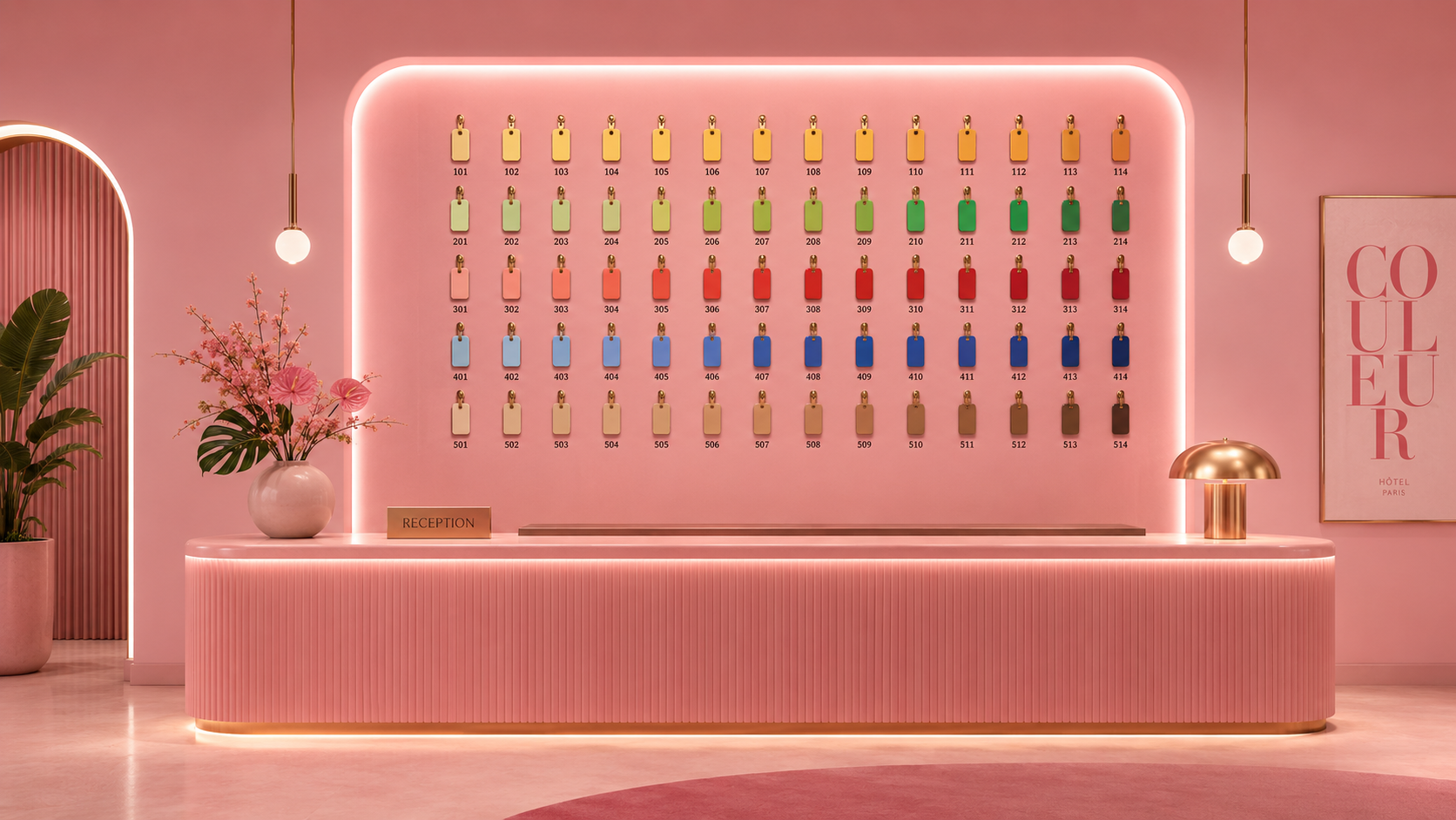 The key wall behind reception — 70 coloured keys arranged in colour blocks